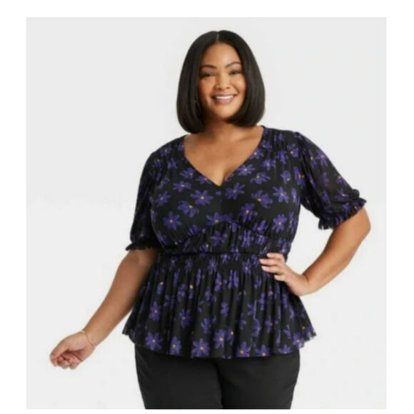 Ava & Viv Tops - 284 Women's Plus Size Floral Puff Sleeve Peplum Top – Ava & Viv (Black & Purple)